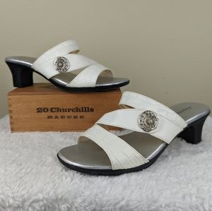 Jasmine White Faux Leather Kitten Heel Sandals w Silver Embellishment, Size 6